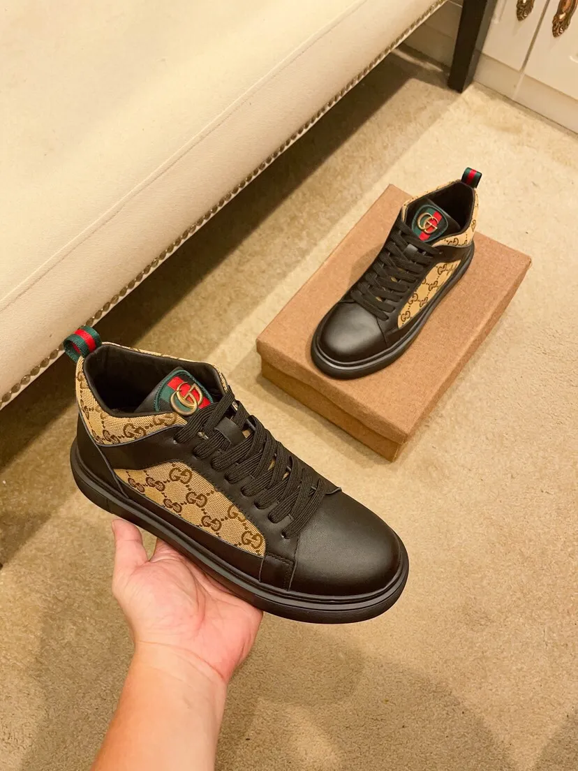 Factory price 460 [Gucci] Gucci's latest high-top casual Korean-style men's shoes, new autumn and winter design, perfect workmanship, cabinet quality, upper: cowhide material, leather lining; soft and comfortable, rubber outsole ultra-light, wear-resistant, simple, versatile fashion men's shoes, color optional, size 38--44